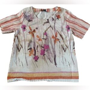 Renuar 100% Linen Floral Blouse Striped Sleeves Boho Artsy Top Size L